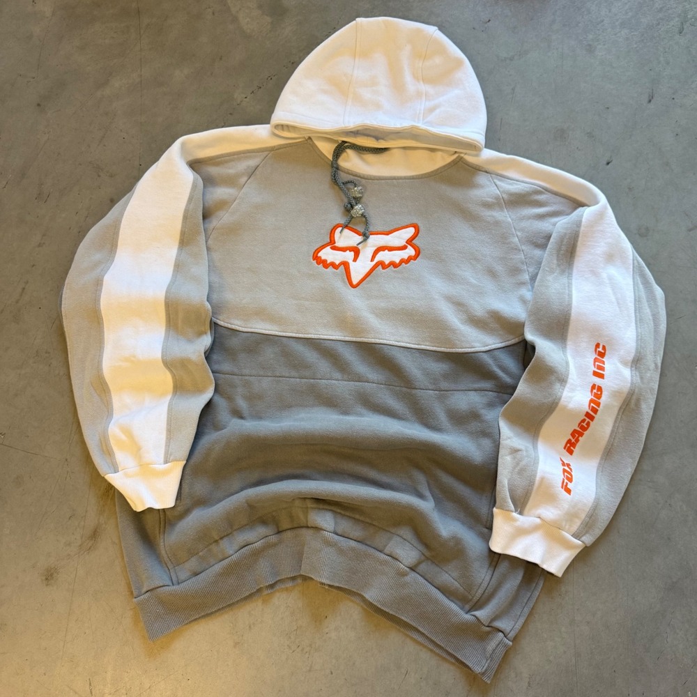 Fox Racing Inc Hoodie Mens XL Grey White Colorblock Embroidered Logo Pullover